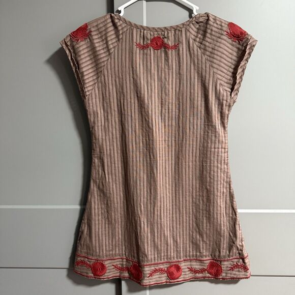 Free People Women Embroidered Scoop Neck Short Sleeve Stripe Top Brown 0 Boho - Picture 3 of 6